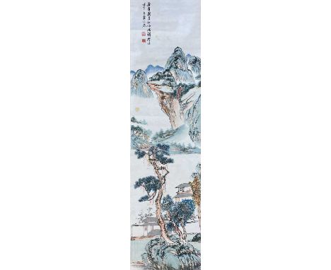 A Chinese coloured lithograph scroll, 20th century,  Depicting Chen Lanzhou landscape, 151 x 35cm. Provenance: From the estat