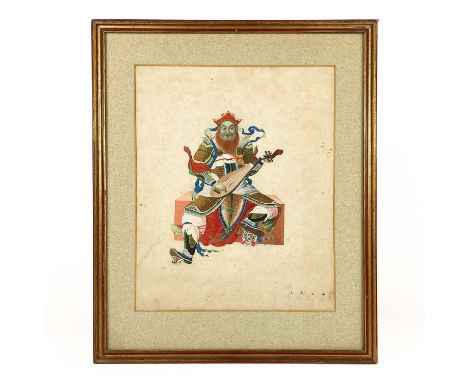 A Chinese painting depicting a Cantonese diety playing a pipa, 19th century. Indistinctly signed, frame 43 x 35.5cm.