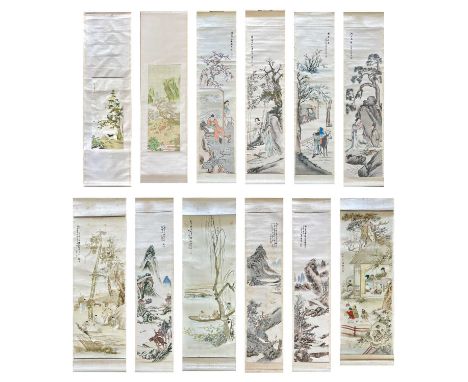 Twelve Chinese lithograph scrolls, early-mid 20th century. various subjects, largest size 209 x 58cm. (12)Provenance: From th