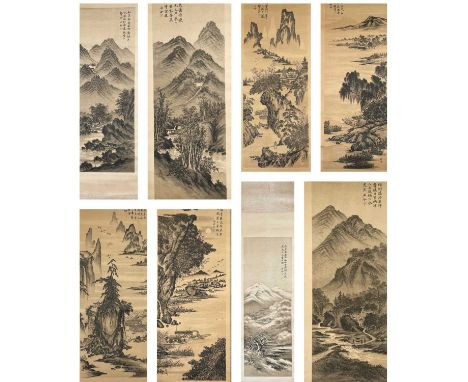 Eight Chinese black and white hanging scrolls, early 20th century. approx 96 x 27cm. (8)Provenance: From the estate of Willia