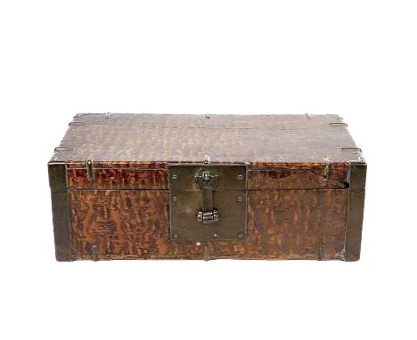 A Chinese burl wood rectangular box, 19th century. With metal mounts and handles, height 10.5cm, width 30cm, depth 15cm.Prove