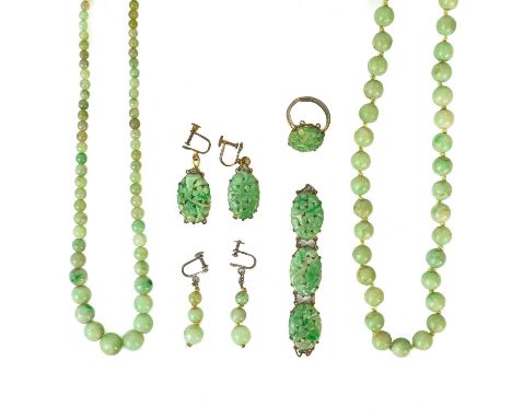 A selection of green jade jewellery. To include a bead necklace with gold barrel clasp, length 55.5cm, a graduated bead neckl