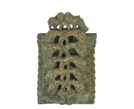 A Chinese carved wood roof tile, 19th century. Height 10cm, length 27cm, width 18.5cm.