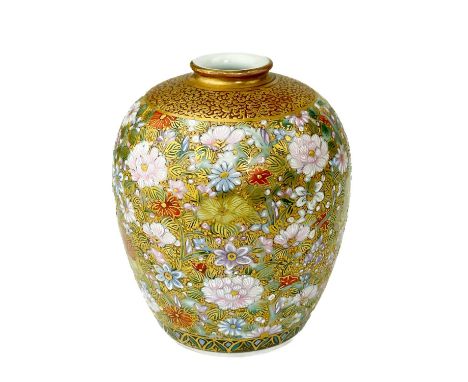A Japanese Satsuma porcelain vase,  With a floral gilt decorated body and red character marks to base, height 9.5cm, diameter
