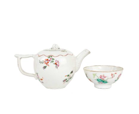 A Chinese famille rose porcelain teapot, mid 18th century. Of Meissen shape form, height 9.5cm, length 17.5cm, diameter 9cm a