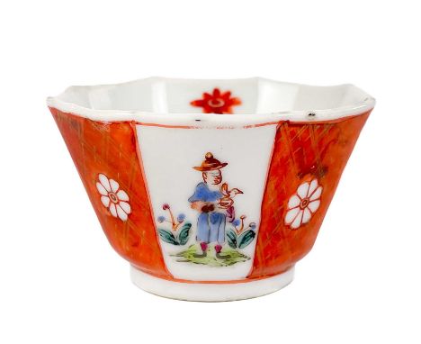 A Chinese porcelain octagonal tea bowl, 18th century. The exterior with alternate orange and gilt panels, figures and flowers