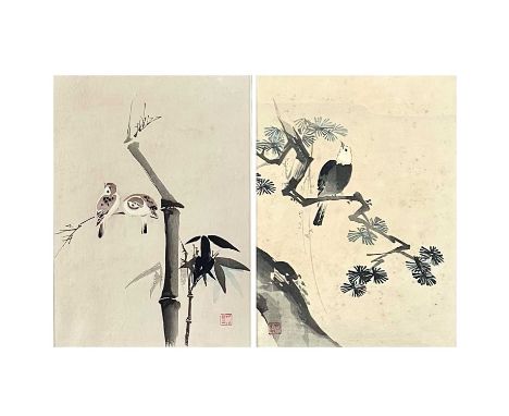 Two Chinese watercolours, early 20th century Each depicting birds perched on a branch, red seal marks, frame 44.5 x 34.5cm. (