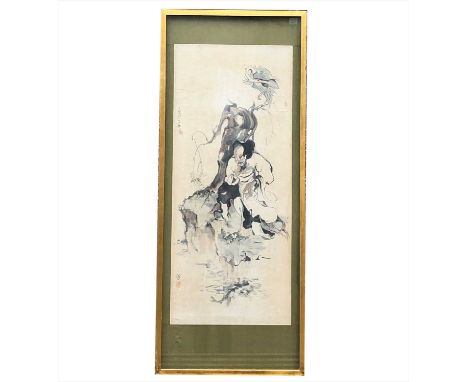 A Chinese painting of a fisherman watching dragonflies, early 20th century.    Calligraphy and red seal marks, with old paper