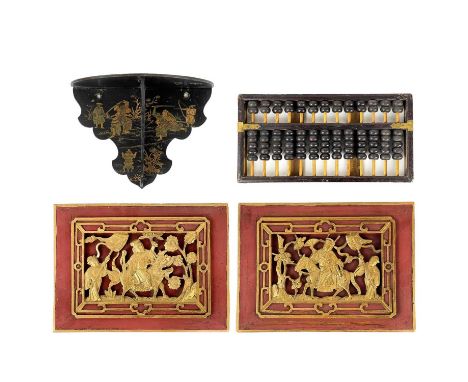 A pair of Chinese carved wood panels, 19th century. Gilt decorated with figures in procession, 23.5 x 32cm, a Chinese abacus 