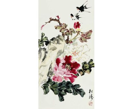 A Chinese painted hanging scroll, signed, early-mid  20th century. With birds and floral sprays, length 150cm, width 45cm, im