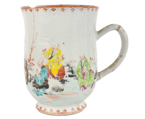 A Chinese famille rose porcelain tankard, 18th century. Decorated with figures in a landscape, height 13cm, diameter 9.8cm.