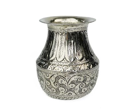 A Chinese silver vase. height 13cm, diameter 10cm, 260 grams, with an ebonised stand. (2)