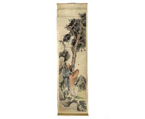 A Chinese painted scroll, early 20th century. Depicting two bearded men in a rocky landscape and standing beneath a tree, len