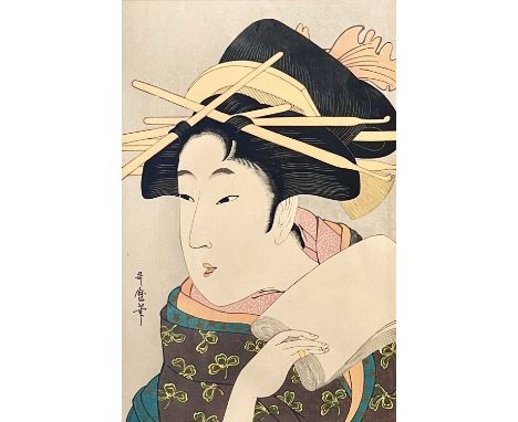 A Japanese woodblock portrait print, by Utamaro. Frame 58 x 32cm. This is an original woodblock print. Not a machine reproduc