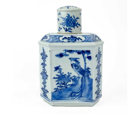 A Chinese blue and white porcelain flask and cover, late 19th century.   With four character Kangxi mark, height 20cm, width 