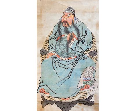 A large Chinese painted scroll, early 20th century. Depicting a seated dignitary, 212 x 79cm, image size 107 x 60cm.Provenanc