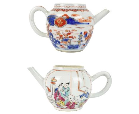 Two Chinese porcelain teapots, 18th century.  Each lacking covers, height of famille rose teapot 10cm, length 19cm, diameter 