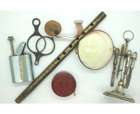 Mixed items including hallmarked silver vanity set, vintage tape measures etc. P&amp;P Group 1 (£14+VAT for the first lot and