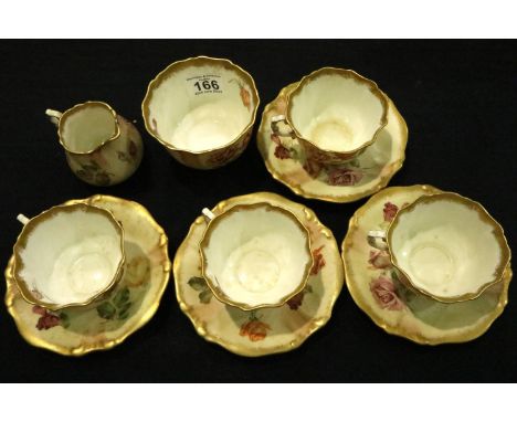 Hammersley tea ware four cups and sauces cream jug and sugar bowl (10). Crack in cup, slight crazing to jug. P&amp;P Group 3 