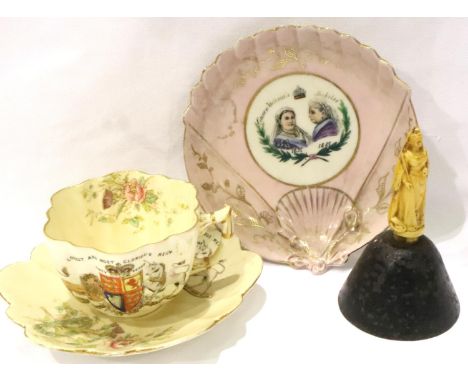 Queen Victoria Golden Jubilee dish, Queen Victoria handbell and a Foley Diamond Jubilee cup and saucer, no damages. P&amp;P G