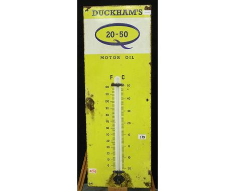 Authentic vintage metal and enamel sign Duckhams 20-50 motor oil sign with thermometer, 92 x 33 cm.  Minor edge rust mercury 