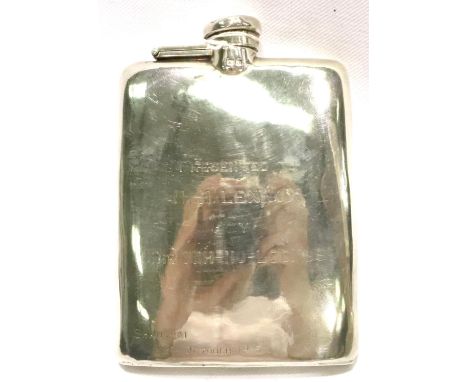 Hallmarked silver hip flask by Mappin &amp; Webb, with presentation inscription to HH Lennox by The Mih-Ho-Loong, Shanghai Oc