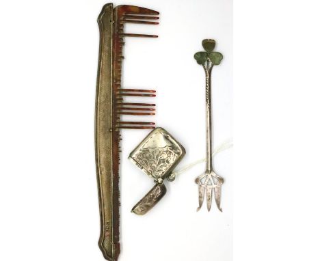 Hallmarked silver vesta case, comb cover and pickle fork. P&amp;P Group 1 (£14+VAT for the first lot and £1+VAT for subsequen