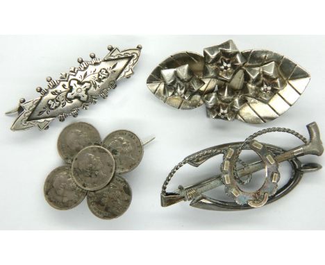 Three English hallmarked silver brooches and a coin brooch, combined 25g. P&amp;P Group 1 (£14+VAT for the first lot and £1+V