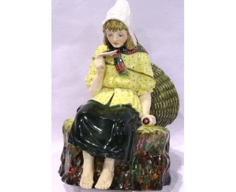 Girl with fishing basket "A Message From The Sea" by Studio Pottery Ray Johnson, H: 15 cm. P&amp;P Group 2 (£18+VAT for the f