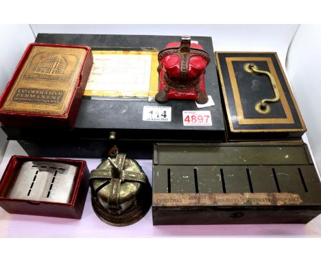 Collection of mixed metal money boxes and sewing boxes, various sizes (7). P&amp;P Group 2 (£18+VAT for the first lot and £3+