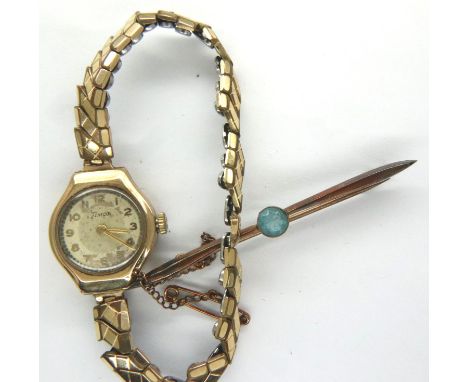 Two 9ct gold bar brooches, 3.5g, and a 9ct gold ladies cocktail watch with plated strap (weight unknown). P&amp;P Group 1 (£1