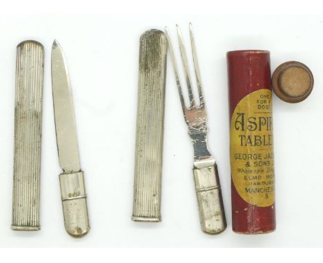 Unusual knife and fork with white metal sheaths and an antique aspirin tube. P&amp;P Group 1 (£14+VAT for the first lot and £