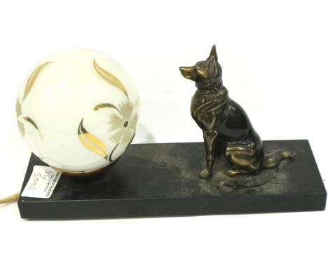 Art Deco circular glass table light with bronzed metal dog on black marble base, L: 25 cm. P&amp;P Group 2 (£18+VAT for the f