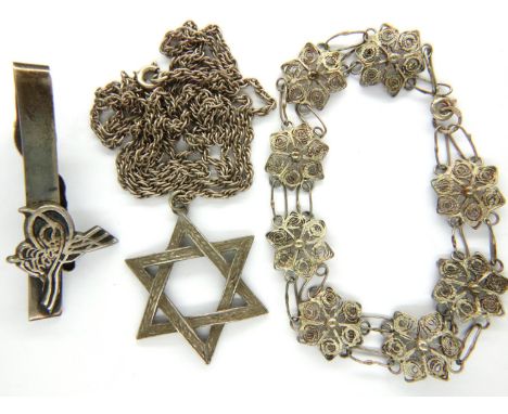 Silver Star of David pendant necklace and a silver bracelet and tie pin, combined 30g. P&amp;P Group 1 (£14+VAT for the first