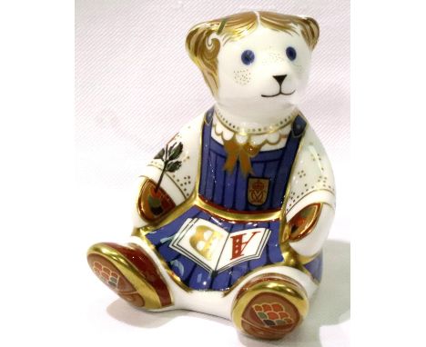 Royal Crown Derby school girl teddy, with gold stopper, H: 10 cm. No cracks, chips or visible restoration. P&amp;P Group 1 (£
