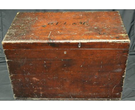 An early 20th century painted pine travelling trunk, the hinged cover with initials, 60cm high, 90cm wide, 50 cm deep, c.1920