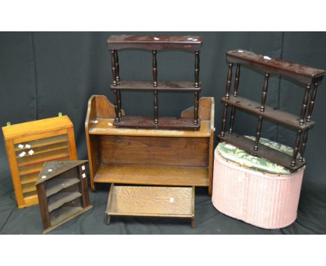 A small oak corner cabinet; two reproduction wall shelves; a small oak corner cabinet; an oak wall shelf; a glazed wall cabin