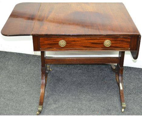 A George III mahogany sofa table, single drawer to frieze, brass loop handles 