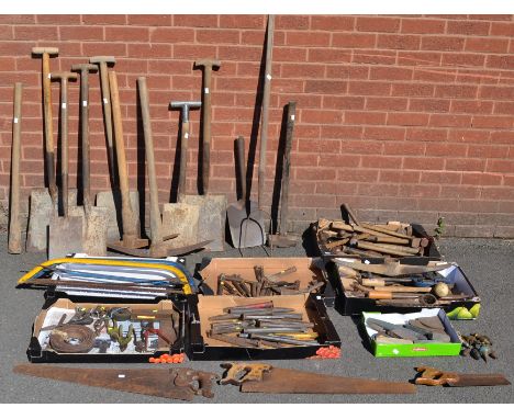 Tools - Assorted plumb bobs; Elwell King of Spades; Spear and Jackson spades, pickaxe heads; hammers, assorted; bill hook; si