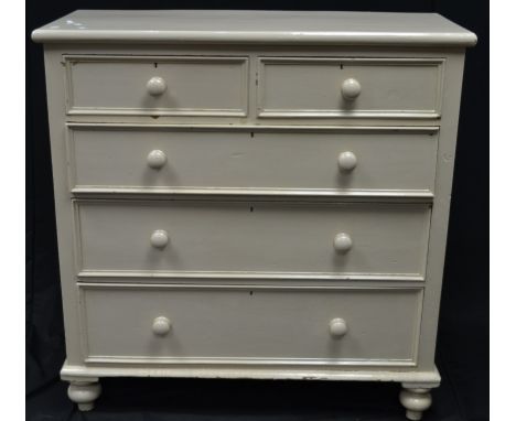 A Victorian painted pine large chest of two short drawers over three graduated  long, button handles, turned feet. 117cm high