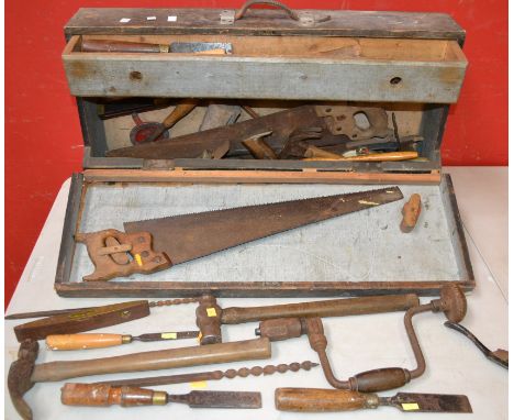 A carpenter's toolbox and tools including handsaws, chisels, hammers, brace, brace bits, 110 FS plane, block plane etc. vario