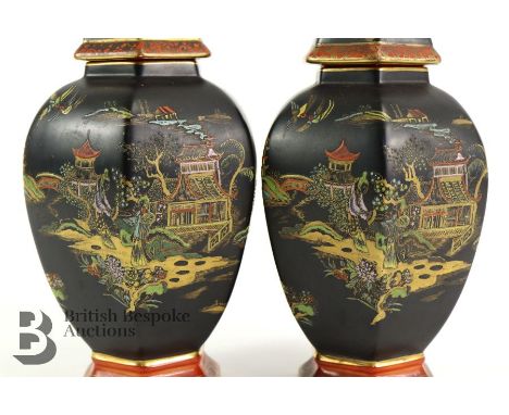 A pair of W &amp; R Carlton Ware ginger jars, 1920's, Mikado pattern, black ground painted with pagoda, distant figures and k