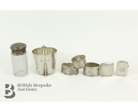 Miscellaneous silver including an Art Deco christening cup, Birmingham hallmark dated 1932, mm Adie Bros, 137.2 gms; silver v