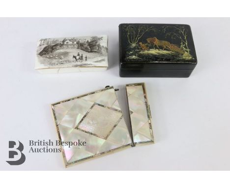Early 20th century Russian box painted with a snowy scene approx 6 x 9 cms together with a Scottish mother-of-pearl card case
