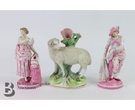 Fine early 19th century Staffordshire spill vase depicting a sheep before a tree trunk approx 20 cms h together with a pair o