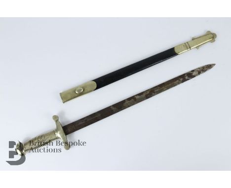 Short sword, in the Gladius style, approx 61 cms in length, brass ribbed handle and cross guard, double edged blade, complete