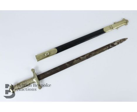 Short sword, in the Gladius style, approx 61 cms in length, brass ribbed handle and cross guard, double edged blade, complete