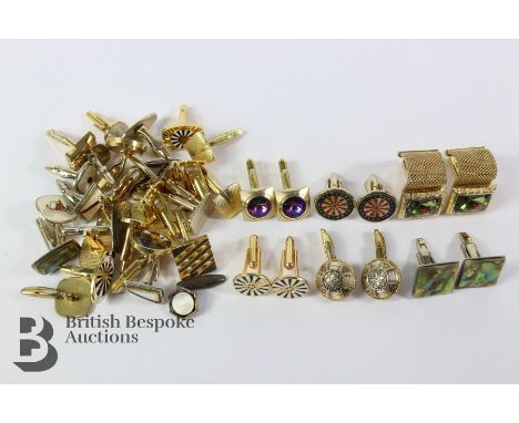 Miscellaneous cufflinks, including silver disc with marquetry inlay and diamond cufflinks; Mexican silver abalone inlaid cuff