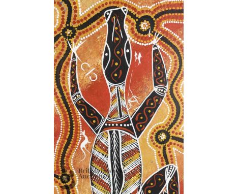 John Turnbull (21st Century) aboriginal mixed media painting, depicitng a lizard, approx 60 x 25 cms, complete with a certifi