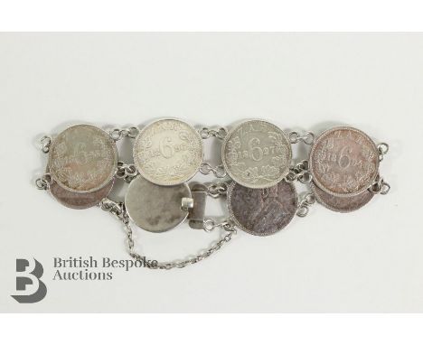 Silver South African coin bracelet, comprising of seven Paul Kruger 6 pence coins, with a 19th century Indian Army Total Abst